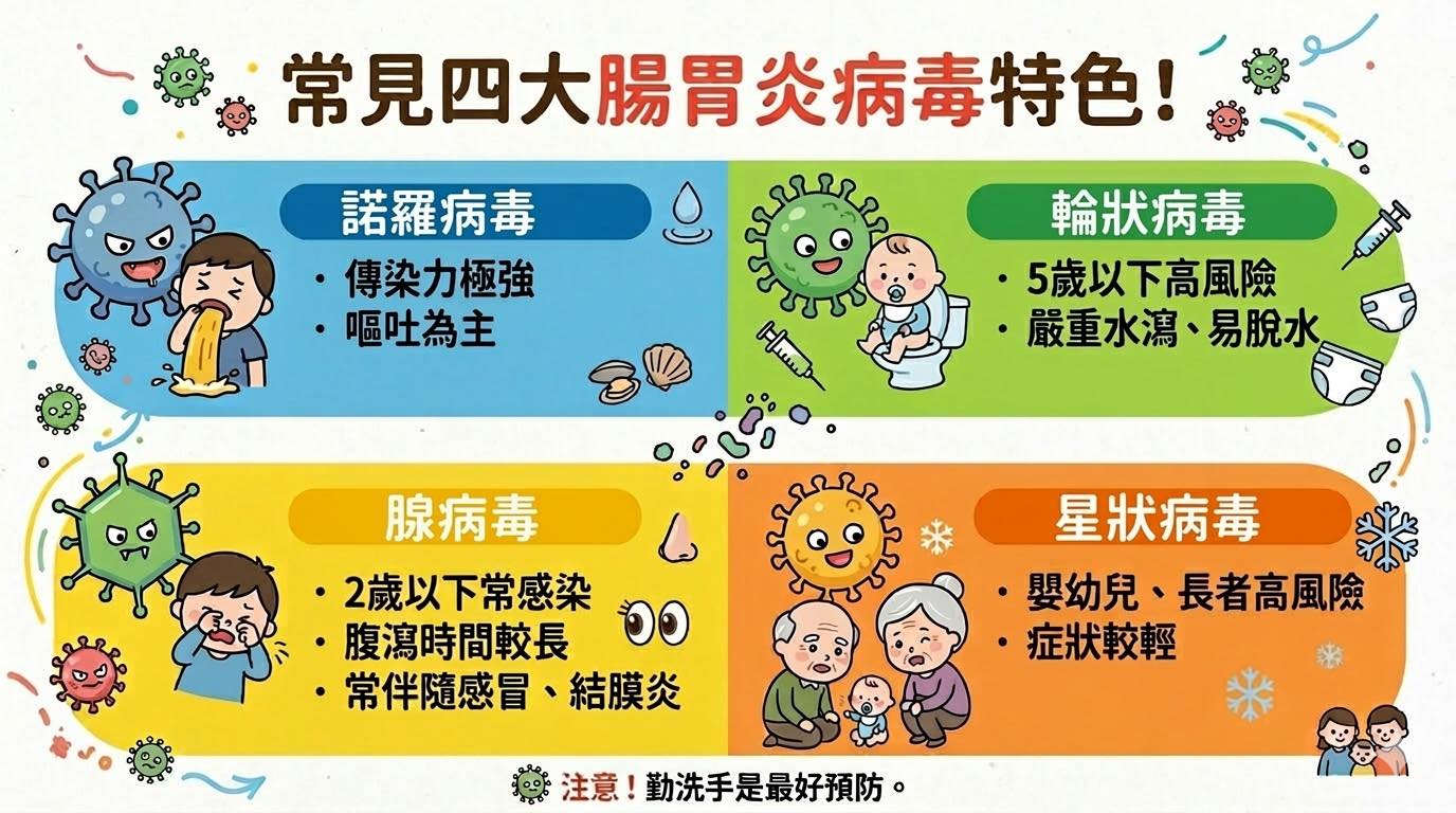 兒童腸胃炎四大病毒：諾羅、輪狀、腺病毒、星狀病毒辨識比較與症狀差異。許永政醫師（晴朗親子診所）解析。
