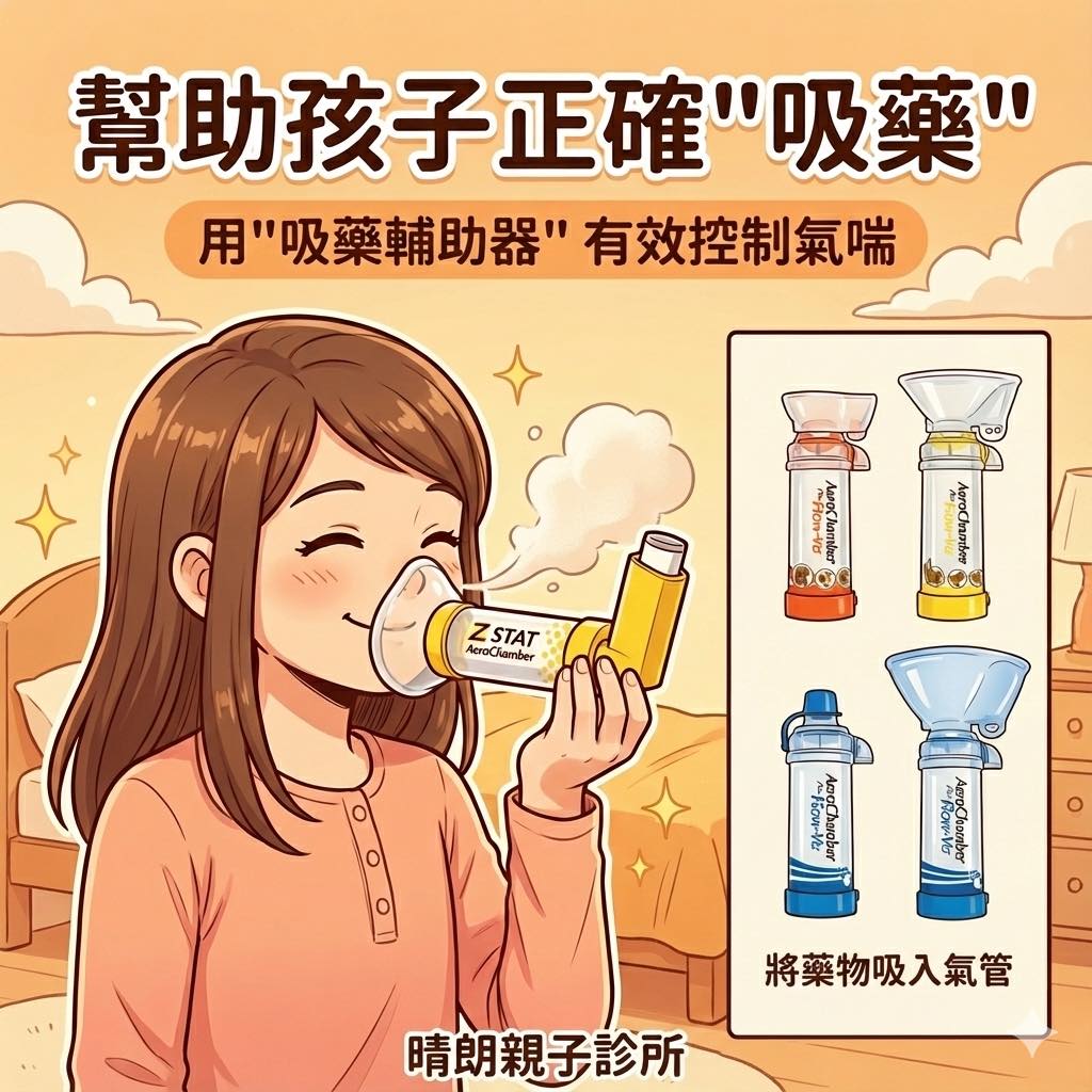 兒童氣喘吸藥輔助器（spacer）正確使用：噴劑接上輔助器，面罩罩住口鼻穩定呼吸約 1 分鐘，藥物才能有效進入肺部。許永政醫師（晴朗親子診所）圖解。