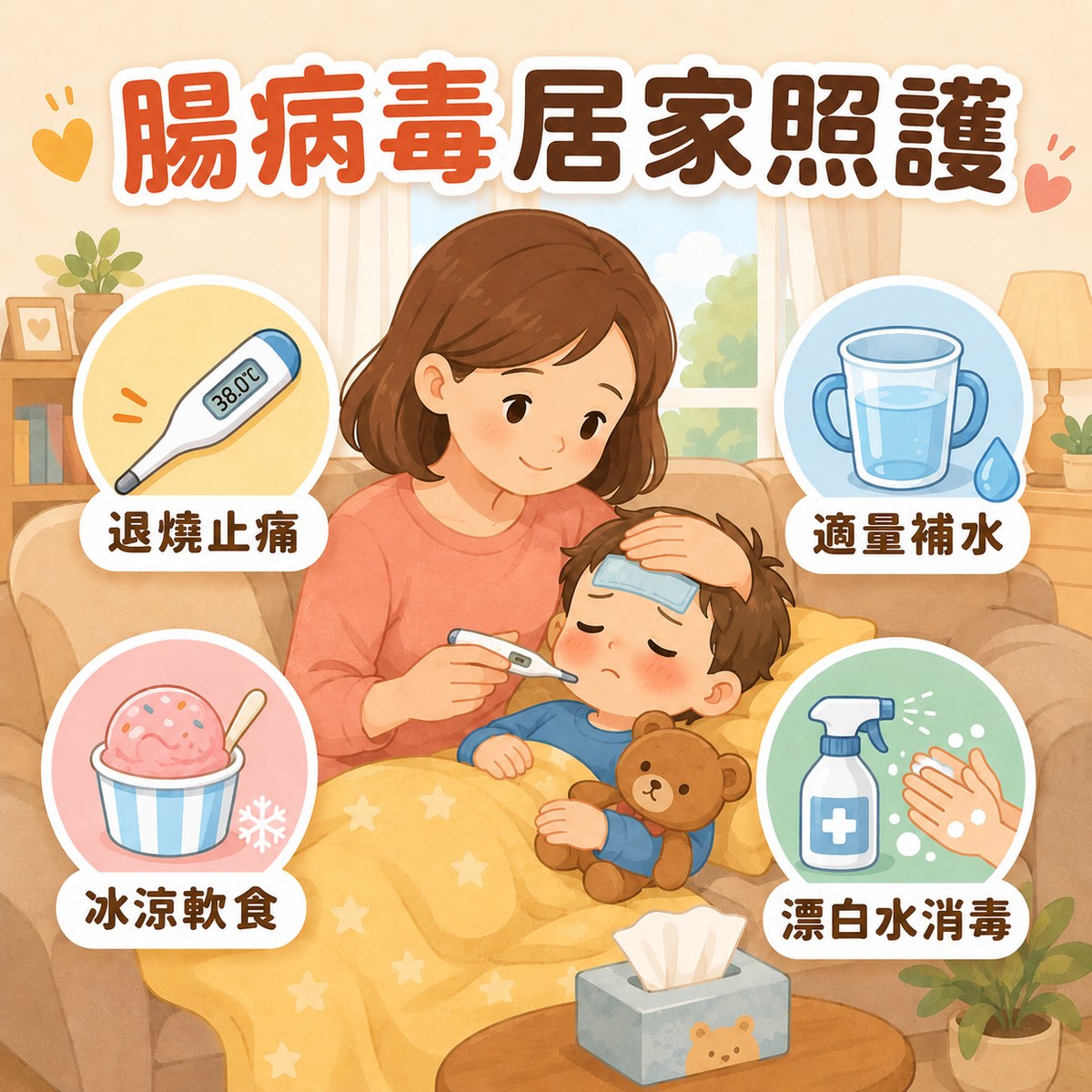 腸病毒居家照護重點:退燒止痛、適量補水防脫水、冰涼流質減緩口腔潰瘍疼痛、含氯漂白水消毒。許永政醫師(晴朗親子診所)解析。