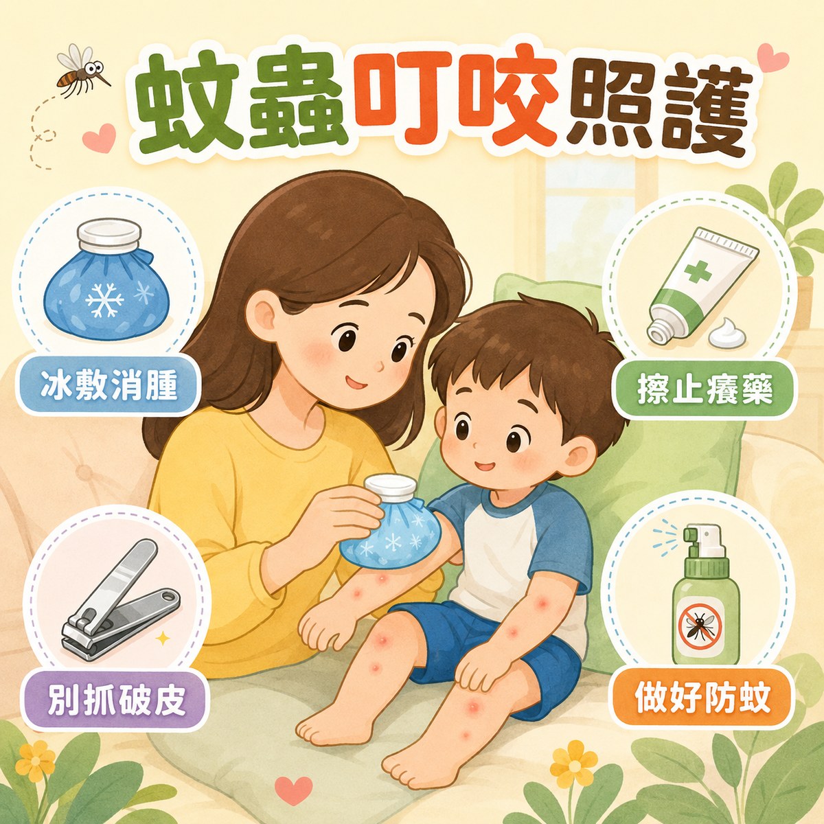 兒童蚊蟲叮咬居家照護 5 步驟：冷敷降腫、兒童專用止癢、保持清潔防抓破、觀察異常、防蚊三管齊下。許永政醫師（晴朗親子診所）解析。