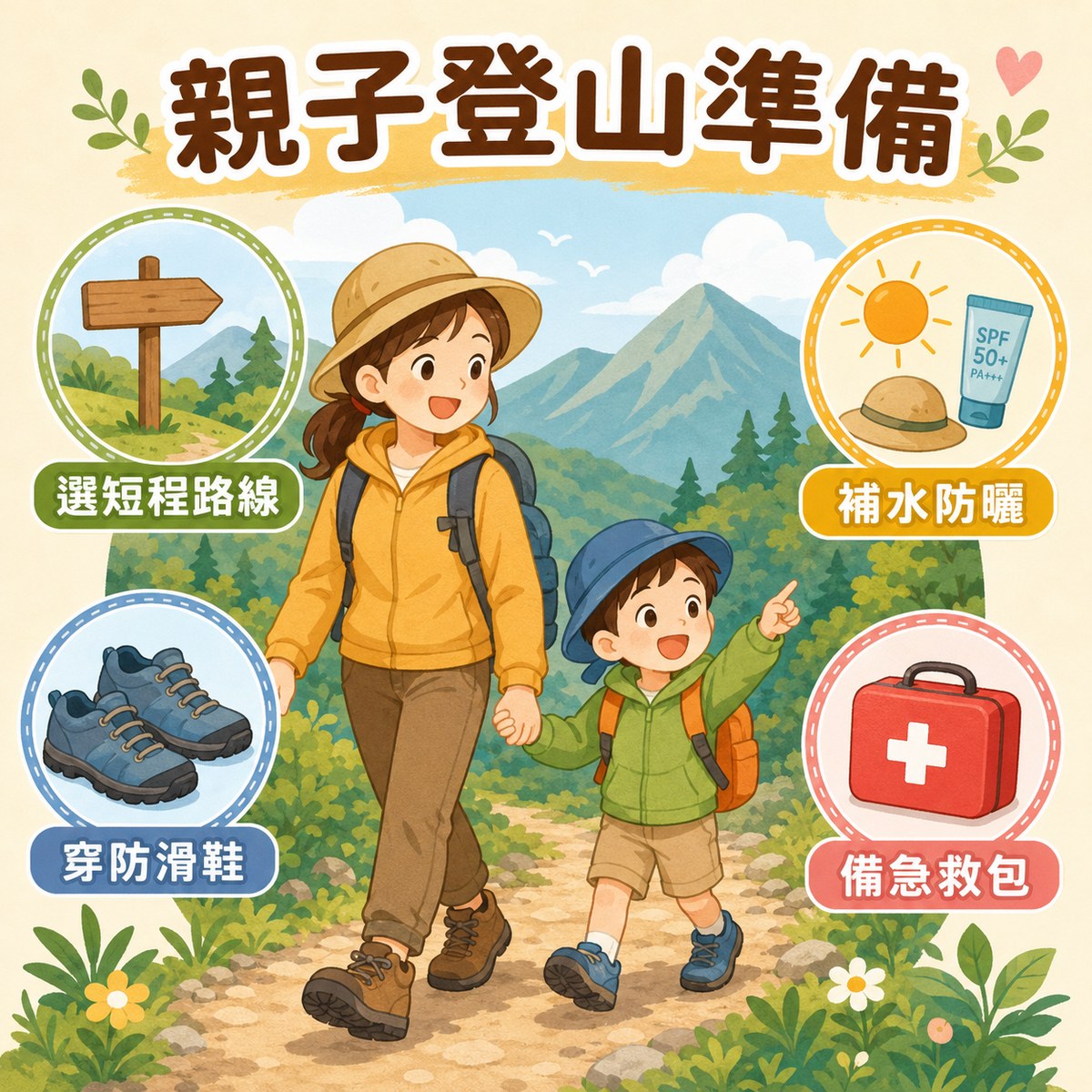 帶小孩爬郊山行前準備：選短程平緩路線、穿防滑登山鞋、補水防曬防蚊、備小急救包、回家檢查蟲咬。許永政醫師（晴朗親子診所）整理。