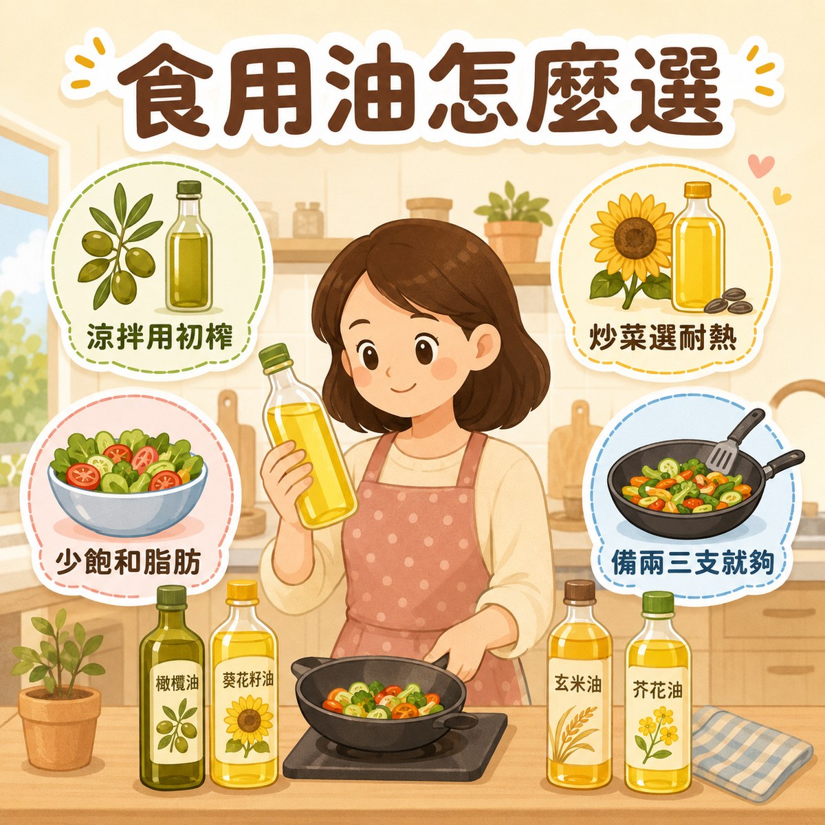 食用油品選用對照:單元不飽和(橄欖油、芥花油、茶油、花生油)、多元不飽和(葵花籽油、大豆油、亞麻仁油)、飽和脂肪(豬油、奶油、椰子油),依發煙點選擇涼拌、炒或煎的用法。許永政醫師(晴朗親子診所)整理。