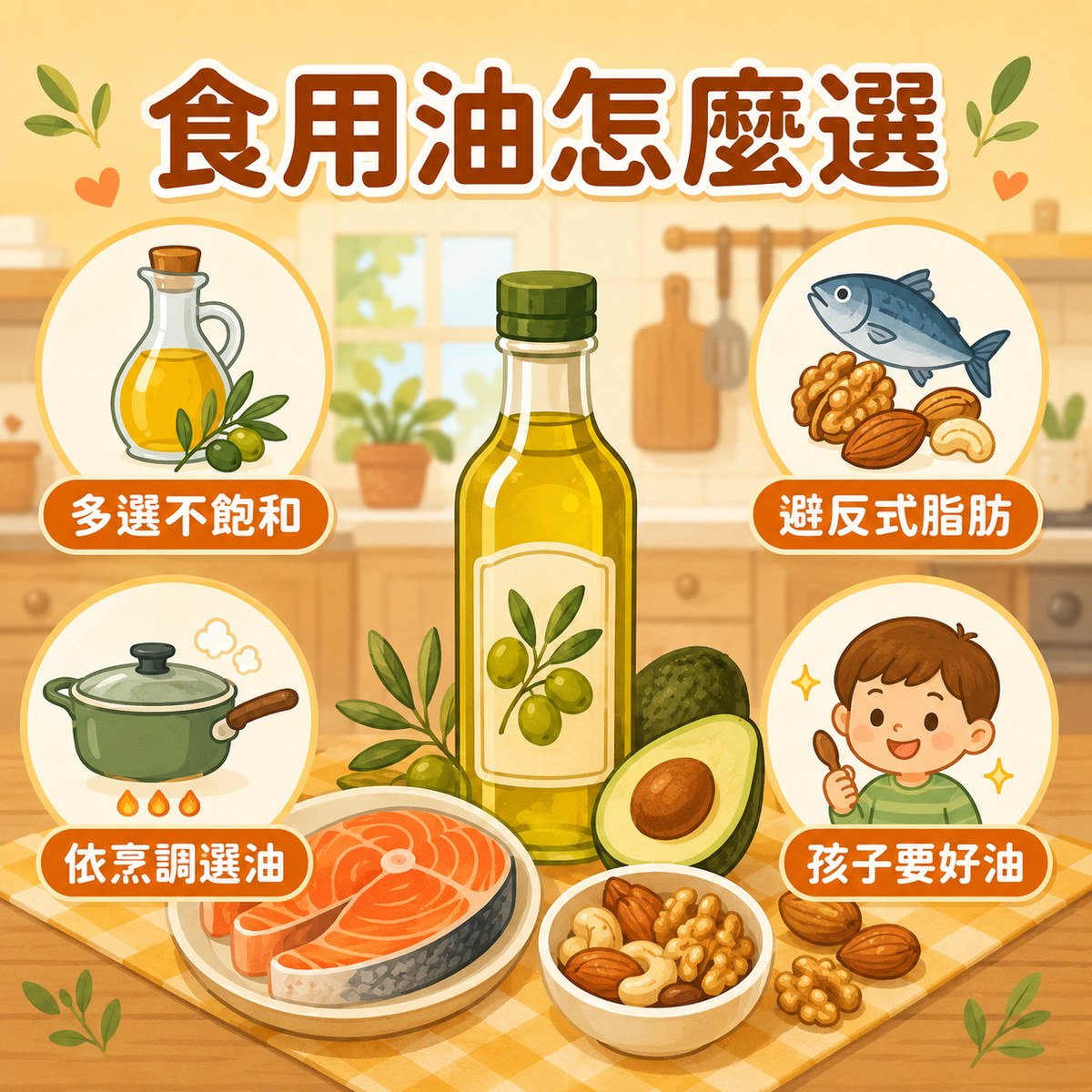 食用油怎麼挑、怎麼吃才健康:依烹調方式選油、減少飽和脂肪、避開反式脂肪、正確保存防酸敗,孩子油脂不是越少越好。許永政醫師(晴朗親子診所)整理。