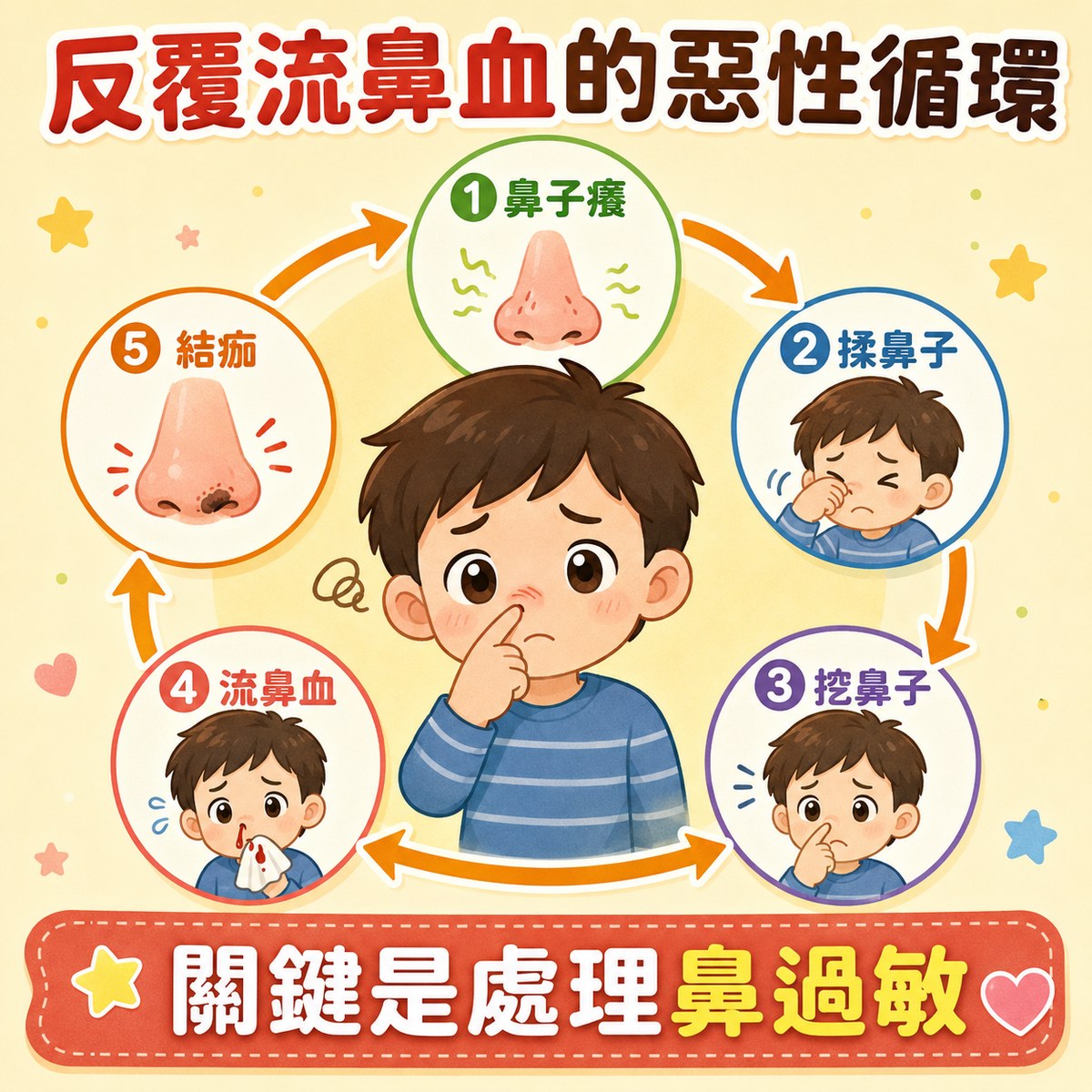 兒童反覆流鼻血與鼻過敏的惡性循環：鼻子癢、揉鼻子、挖鼻子、黏膜破皮出血、結痂再被挖掉。許永政醫師（晴朗親子診所）整理。