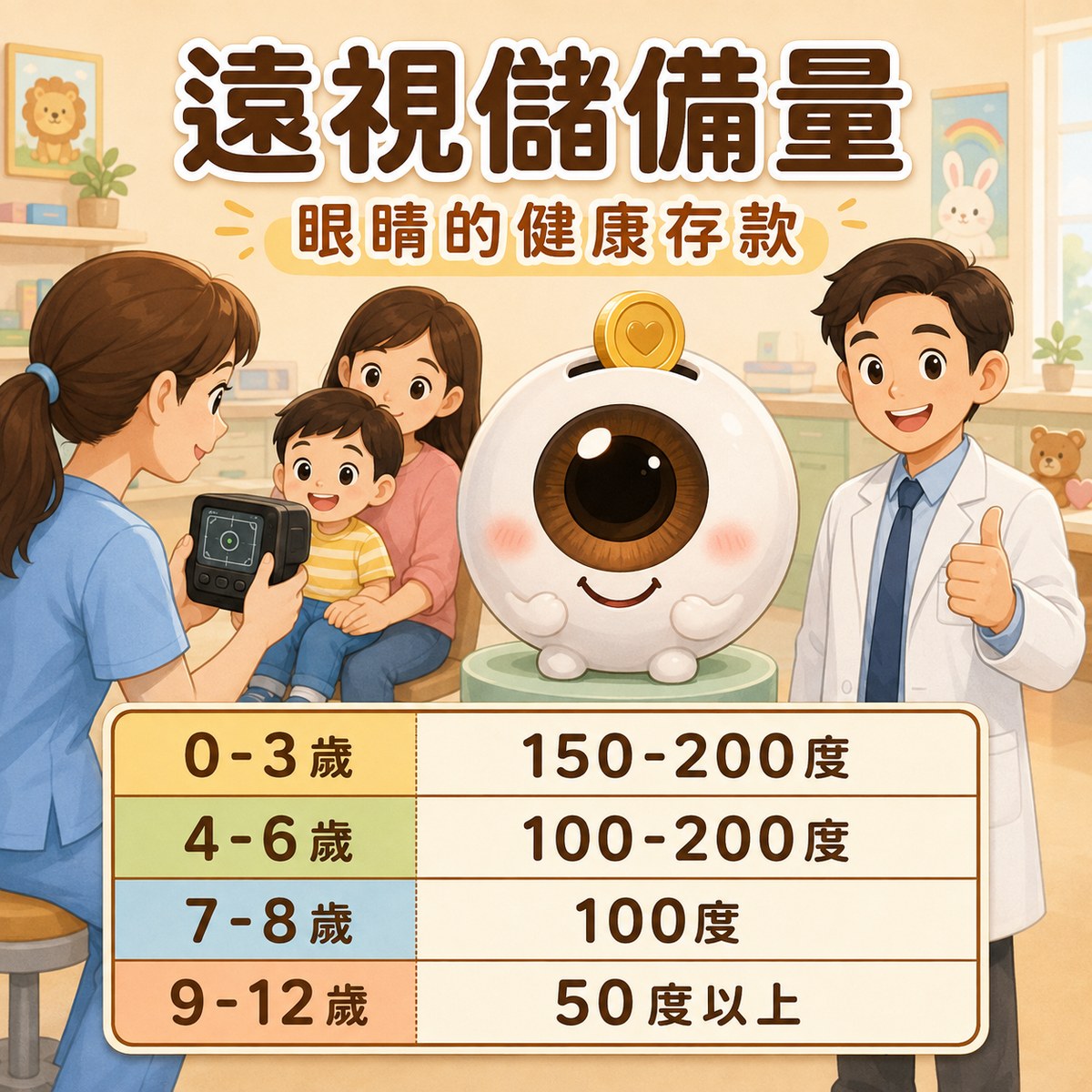 兒童遠視儲備量各年齡標準：0-3歲 150-200度、4-6歲 100-200度、7-8歲 100度、9-12歲至少50度以上；手持式照相視力篩檢儀幾秒鐘完成。許永政醫師（晴朗親子診所）整理。