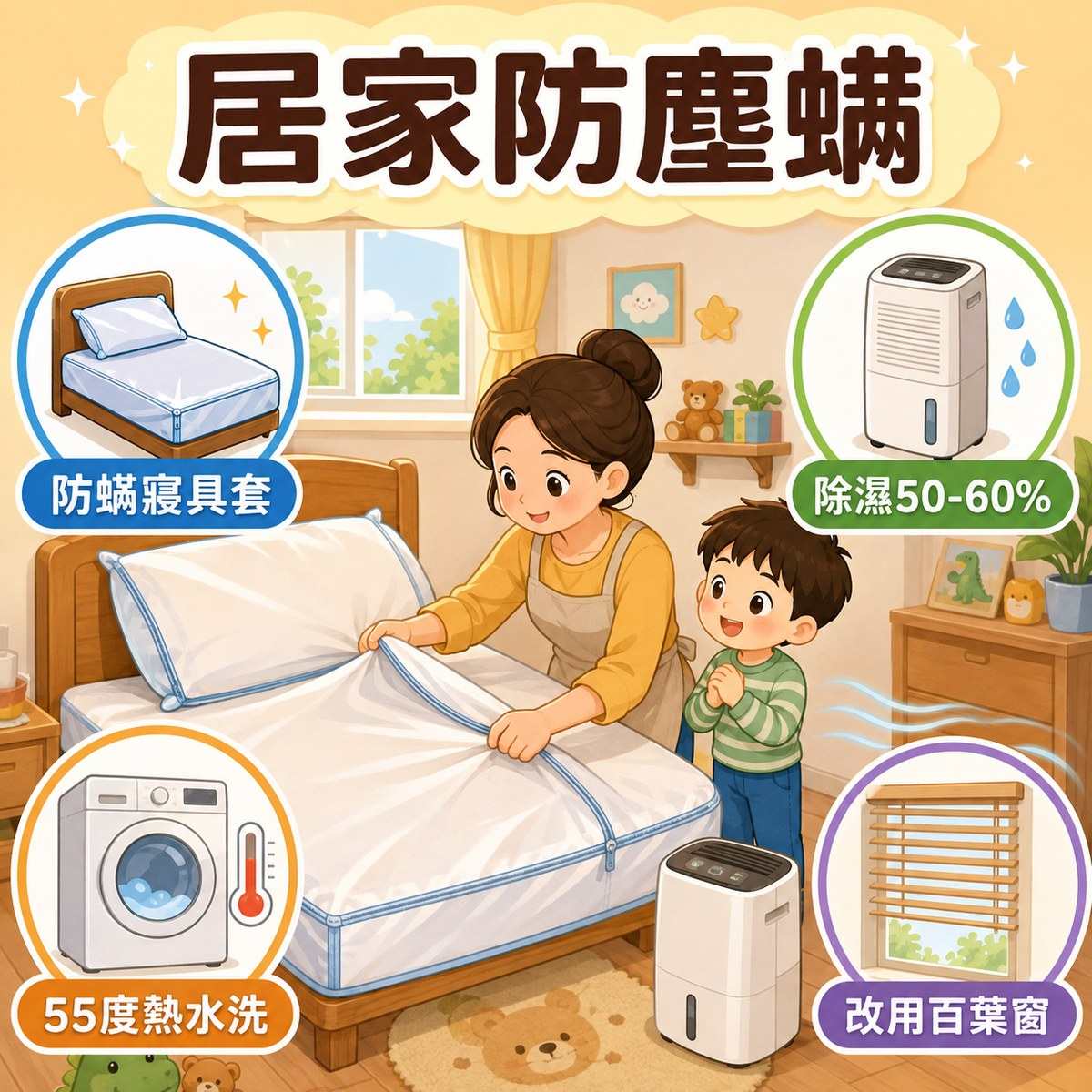 居家防塵螨 4 大重點：防螨寢具套包覆被枕床墊、除濕機控制濕度 50-60%、55 度以上熱水洗寢具、避免厚重地毯窗簾改用百葉窗。許永政醫師（晴朗親子診所）整理。