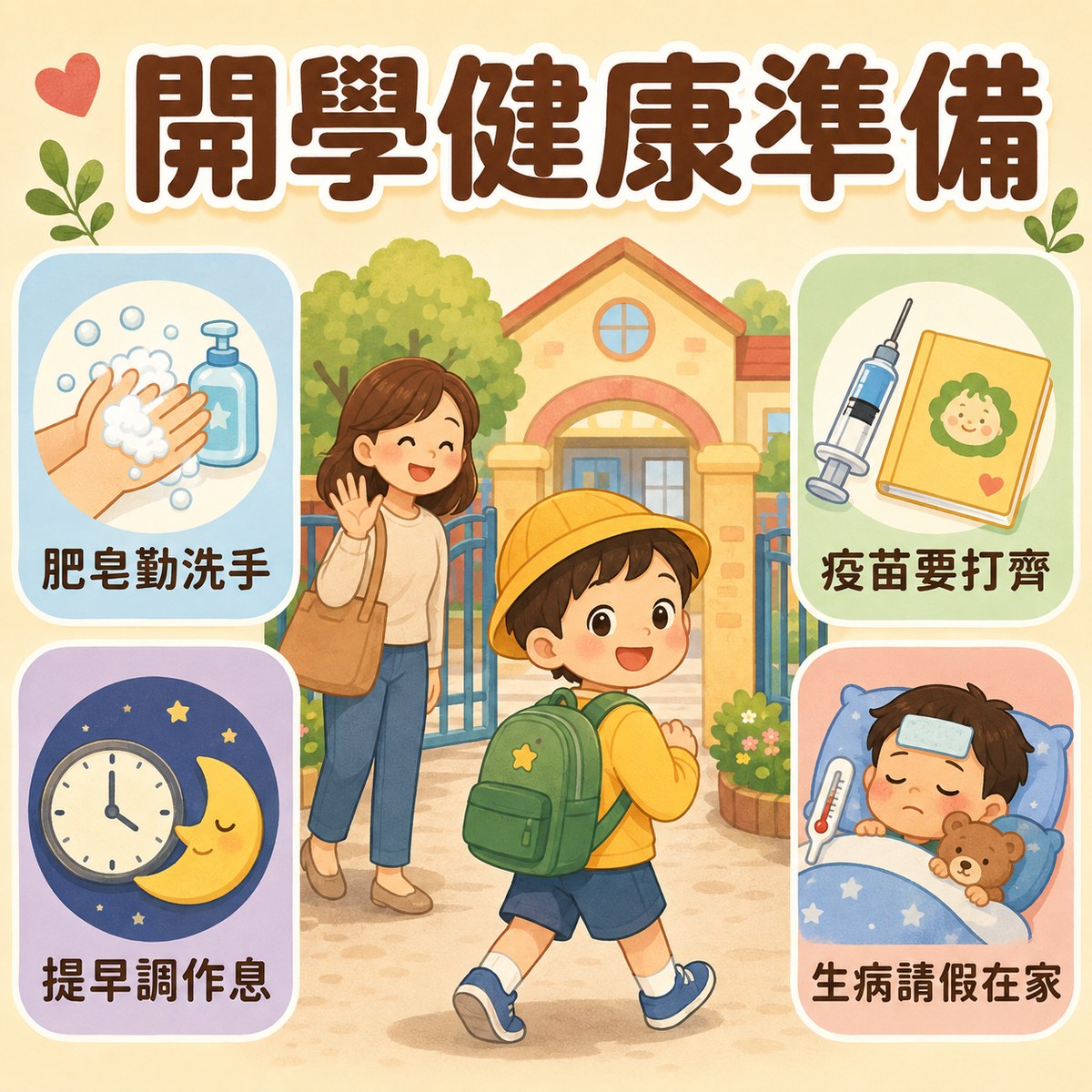 幼兒園開學健康準備:勤洗手防感染、生病請假在家休息、疫苗與健檢補齊、調整作息早睡早起。開學季孩子容易生病是免疫系統學習的過程。許永政醫師(晴朗親子診所)整理。