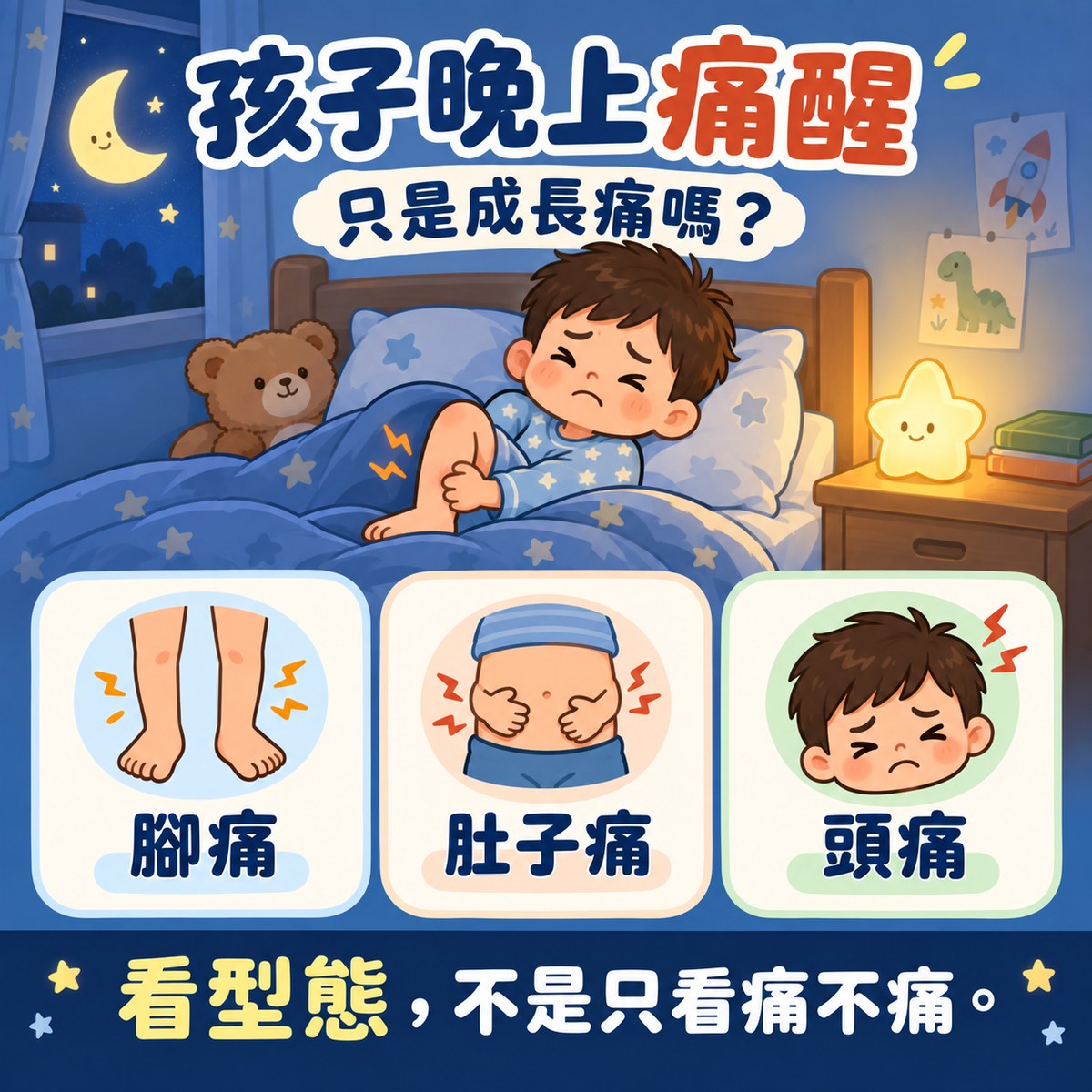孩子晚上痛醒怎麼判斷：成長痛典型是兩側腿部、傍晚或半夜發作、隔天早上消失、白天活動完全正常；出現固定單側、跛行、腫脹發熱、發燒或體重下降就要就醫。許永政醫師（晴朗親子診所院長）整理。