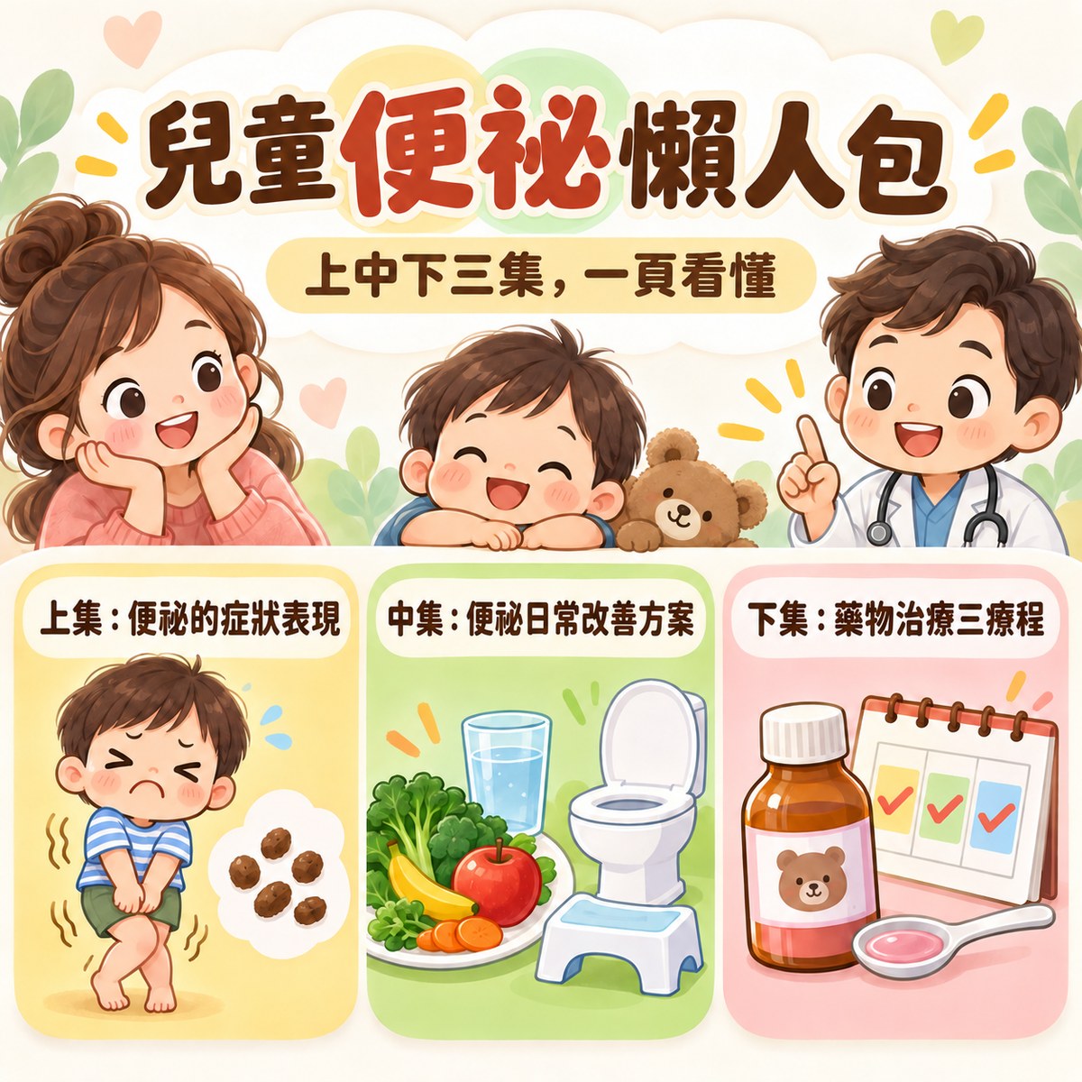 兒童便祕懶人包:上集便祕的症狀表現、中集便祕日常改善方案、下集藥物治療三療程,三集重點一頁看懂。許永政醫師(晴朗親子診所院長)整理。