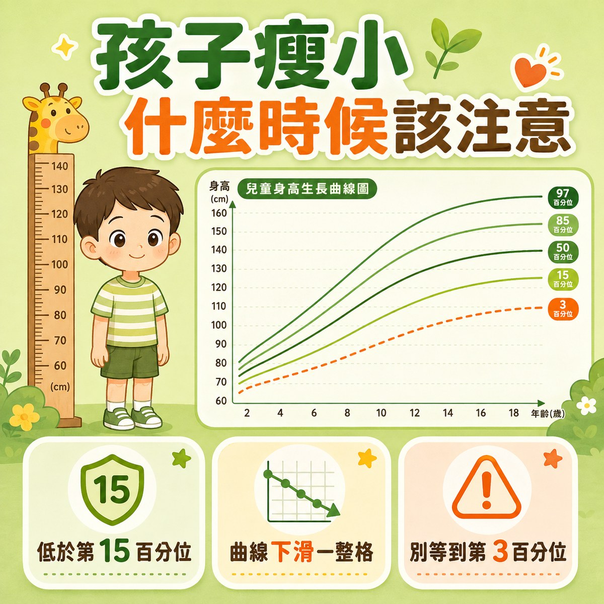 兒童生長監測的三條警戒線：任一生長指標低於第15百分位（z-score小於-1）、z-score下降超過1、或曲線持續貼著低百分位。許永政醫師（晴朗親子診所院長）依台灣小兒消化醫學會2026年專家建議整理。