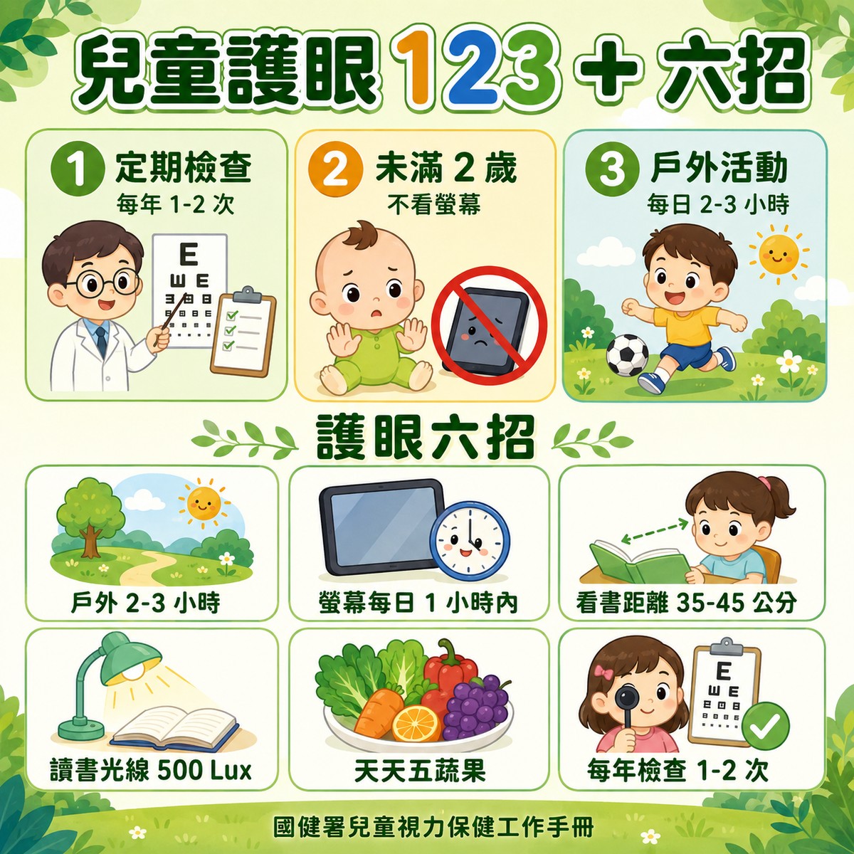 兒童護眼 123 + 六招:定期檢查每年 1-2 次、未滿 2 歲不看螢幕、戶外活動每日 2-3 小時;六招為戶外 2-3 小時、螢幕每日 1 小時內、看書距離 35-45 公分、讀書光線 500 Lux、天天五蔬果、每年檢查 1-2 次。國健署兒童視力保健工作手冊。許永政醫師(晴朗親子診所院長)整理。