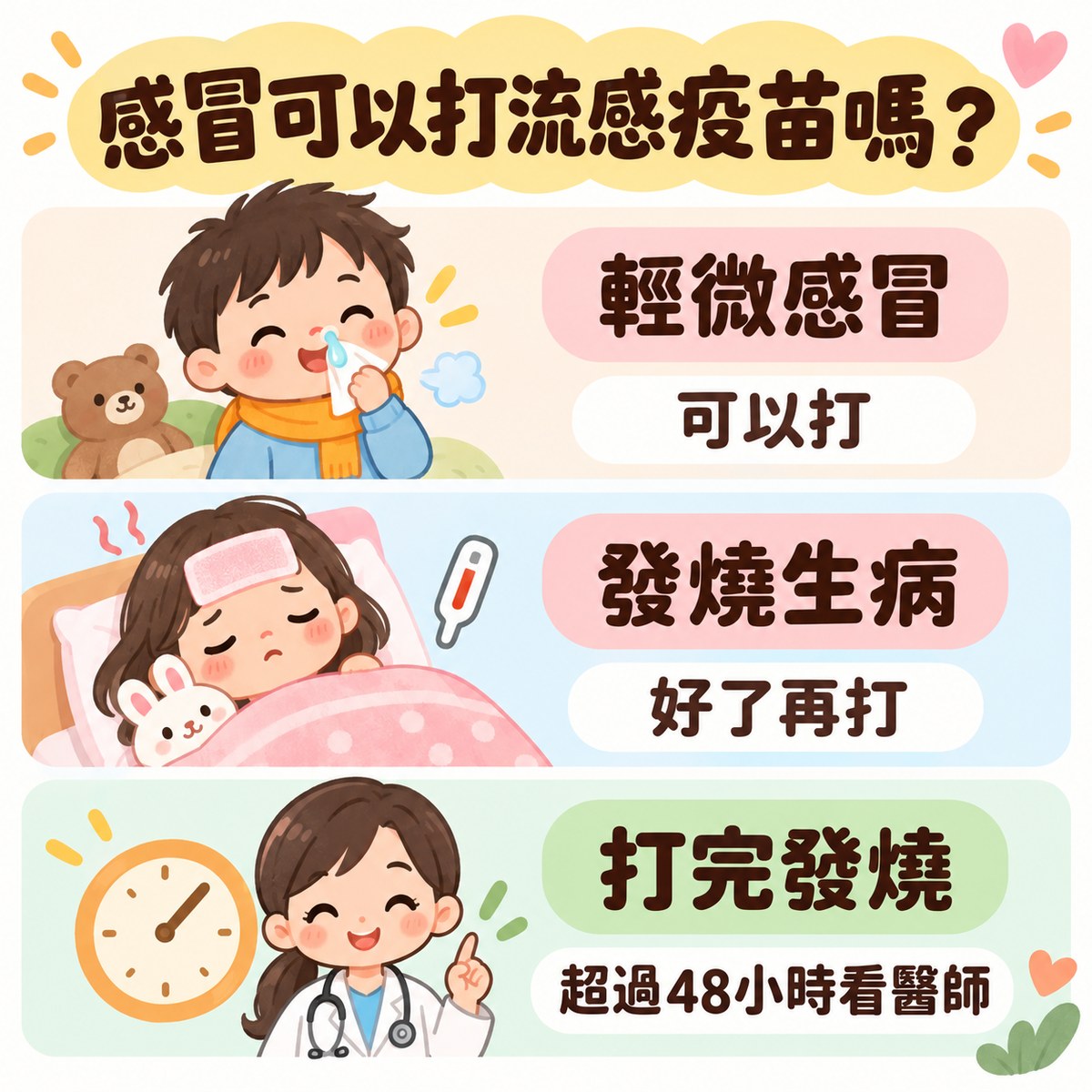 感冒可以打流感疫苗嗎?輕微感冒可以打;發燒或生病比較重,等病情穩定再打;打完發燒超過 48 小時要看醫師。許永政醫師(晴朗親子診所院長)整理。
