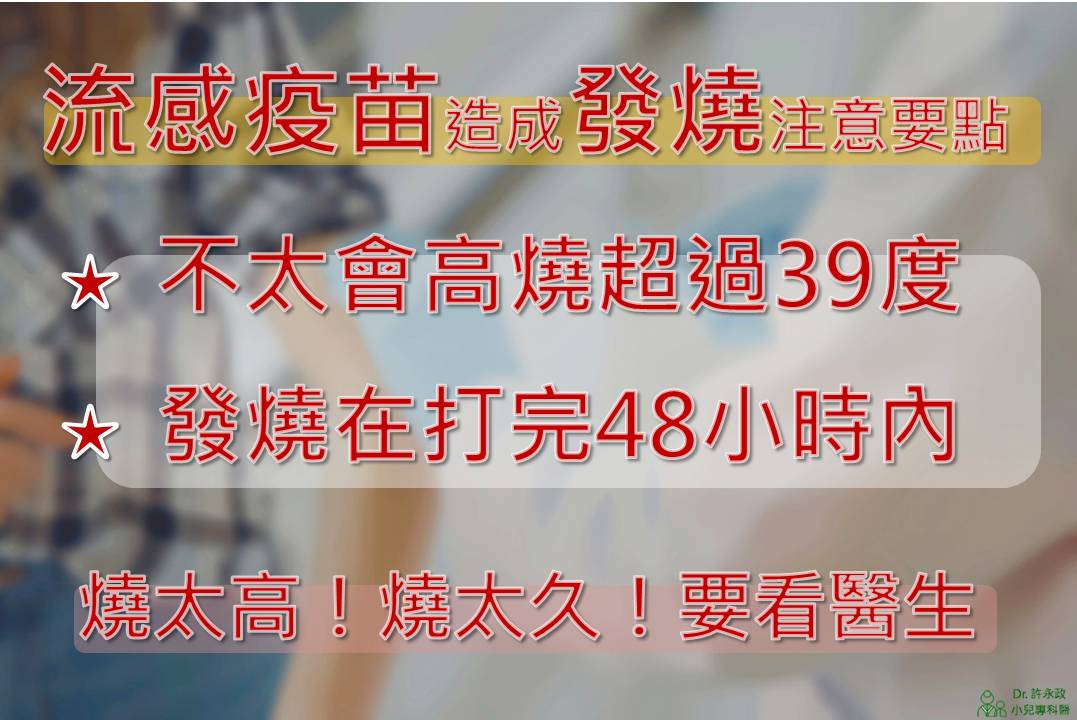 流感疫苗造成發燒注意要點:不太會高燒超過 39 度、發燒在打完 48 小時內;燒太高、燒太久,要看醫生。許永政醫師(晴朗親子診所院長)整理。