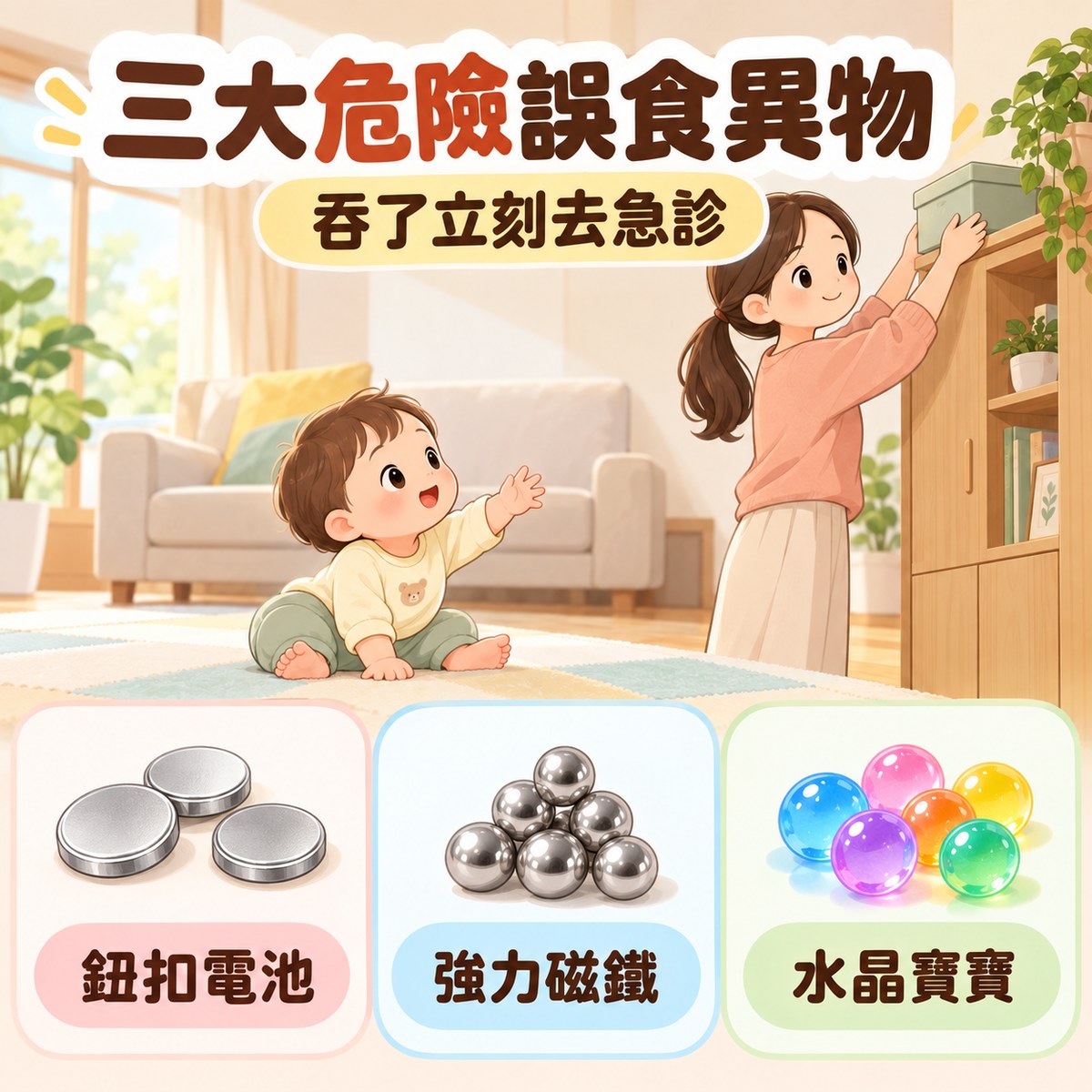 三大危險誤食異物：鈕扣電池、強力磁鐵、水晶寶寶，吞了立刻去急診。許永政醫師（晴朗親子診所院長）整理。