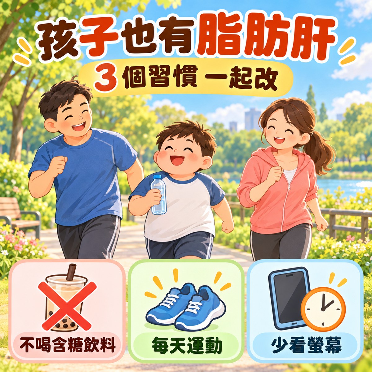 孩子也有脂肪肝：3 個習慣一起改&mdash;&mdash;不喝含糖飲料、每天運動、少看螢幕。許永政醫師（晴朗親子診所院長）整理。