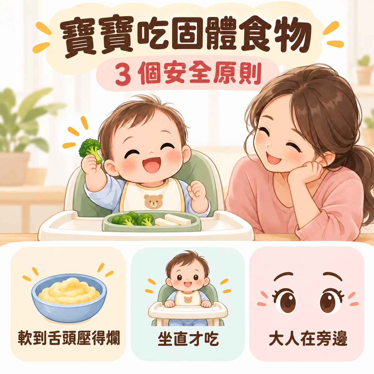 寶寶吃固體食物的 3 個安全原則：軟到舌頭壓得爛、坐直才吃、大人在旁邊。許永政醫師（晴朗親子診所院長）整理。