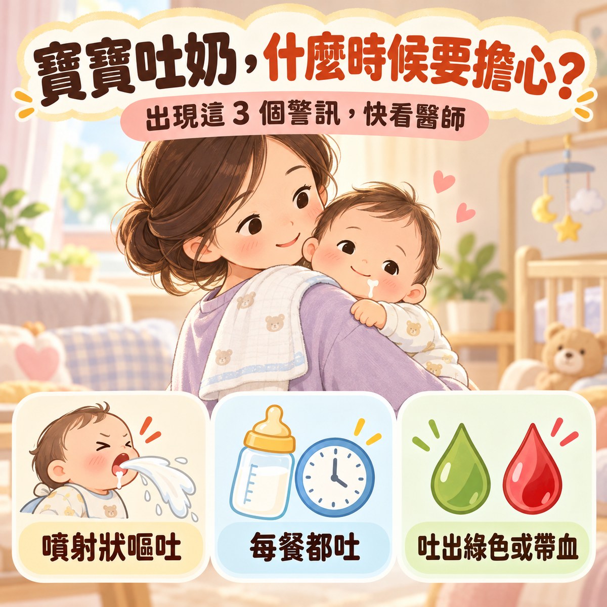 寶寶吐奶，什麼時候要擔心？出現 3 個警訊快看醫師：噴射狀嘔吐、每餐都吐、吐出綠色或帶血。許永政醫師（晴朗親子診所院長）整理。