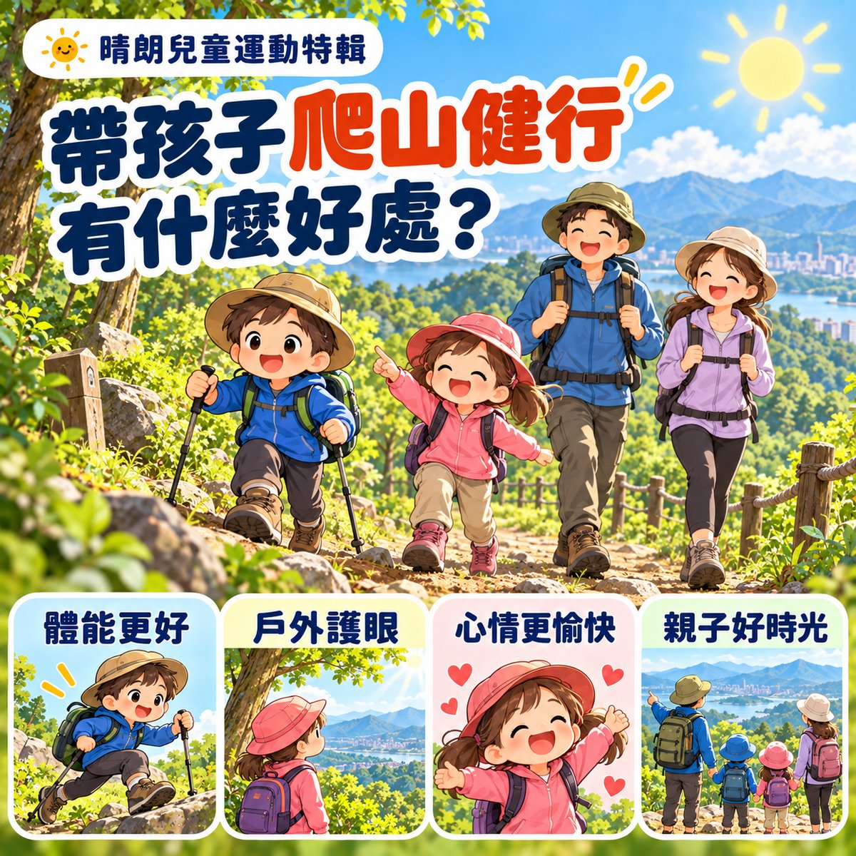 晴朗兒童運動特輯：帶孩子爬山健行，有什麼好處？體能更好、戶外護眼、心情更愉快、親子好時光。許永政醫師（晴朗親子診所院長）整理。