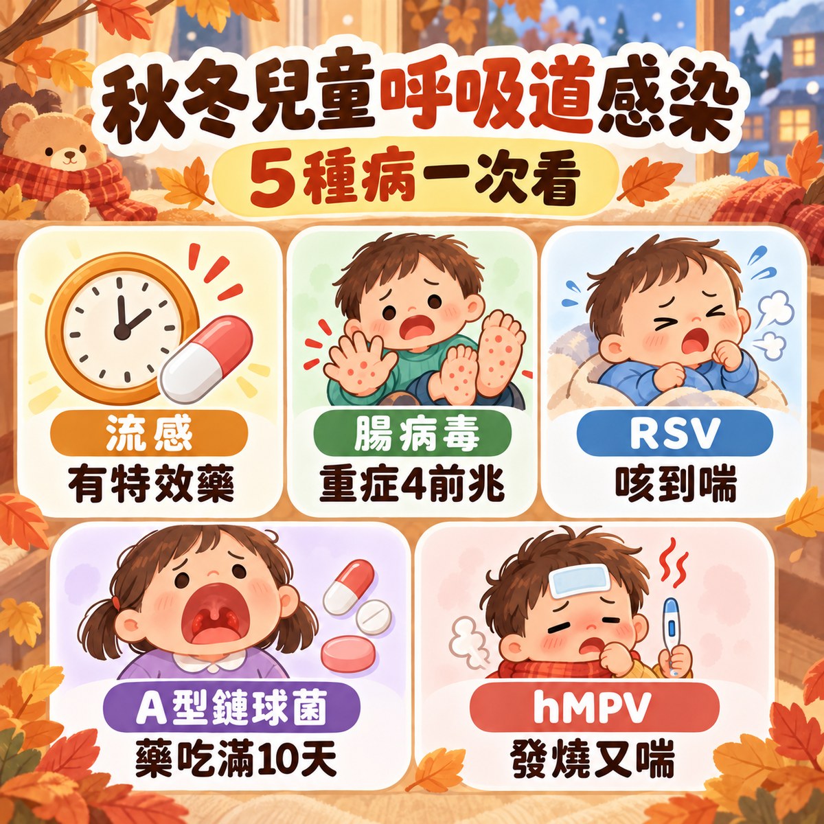 秋冬兒童呼吸道感染懶人包：流感有特效藥、腸病毒重症 4 前兆、RSV 咳到喘、A 型鏈球菌藥吃滿 10 天、hMPV 發燒又喘。許永政醫師（晴朗親子診所院長）整理。