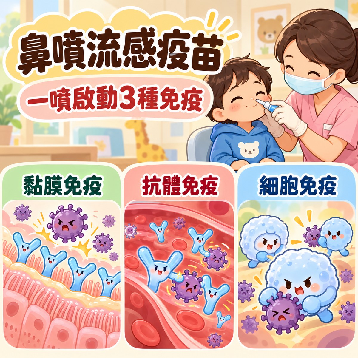 鼻噴流感疫苗一噴啟動 3 種免疫：黏膜免疫、抗體免疫、細胞免疫。許永政醫師（晴朗親子診所院長）整理。