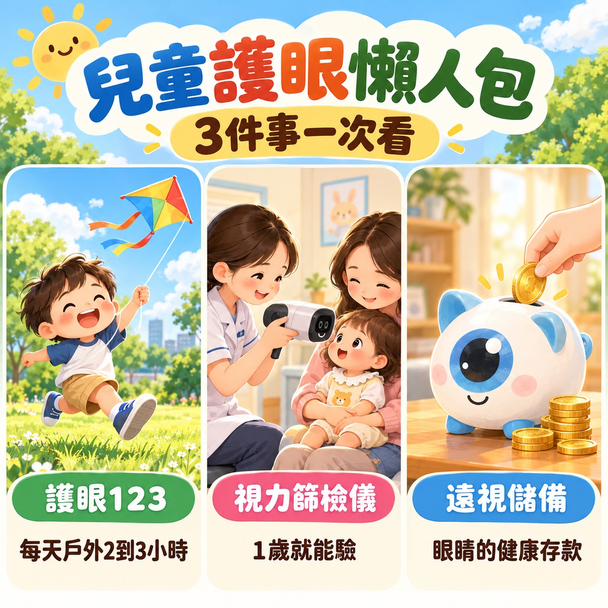 兒童護眼懶人包 3 件事:護眼 123 每天戶外 2 到 3 小時、視力篩檢儀 1 歲就能驗、遠視儲備是眼睛的健康存款。許永政醫師(晴朗親子診所院長)整理。