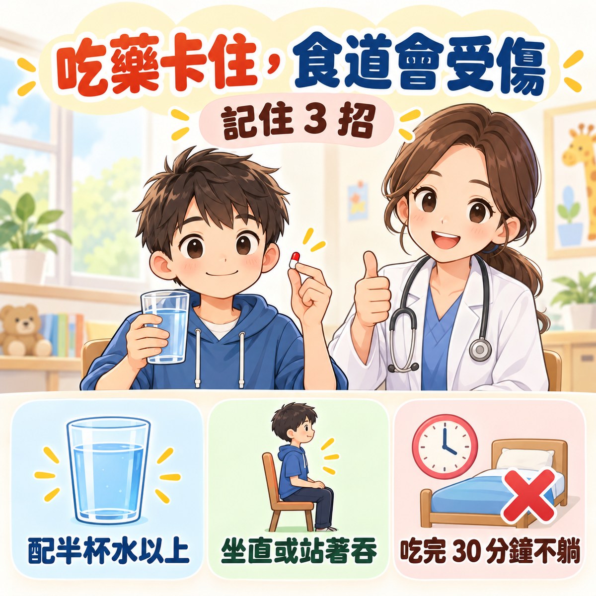 吃藥卡住，食道會受傷。記住 3 招：配半杯水以上、坐直或站著吞、吃完 30 分鐘不躺。許永政醫師（晴朗親子診所院長）整理。