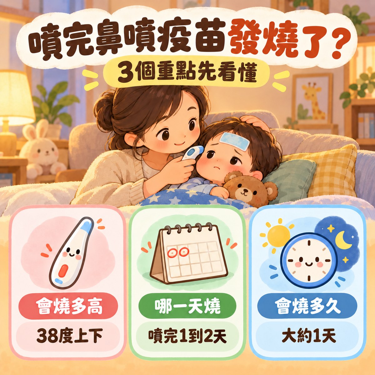 噴完鼻噴流感疫苗發燒的 3 個重點:會燒多高——38 度上下;哪一天燒——噴完 1 到 2 天;會燒多久——大約 1 天。許永政醫師(晴朗親子診所院長)整理。