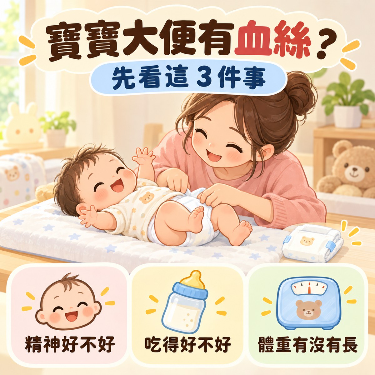 寶寶大便有血絲?先看這 3 件事:精神好不好、吃得好不好、體重有沒有長。許永政醫師(晴朗親子診所院長)整理。