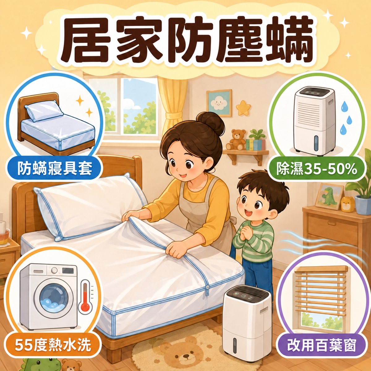 居家防塵蟎 4 大重點:防蟎寢具套包覆被枕床墊、除濕機控制濕度 35-50%、55 度以上熱水洗寢具、避免厚重地毯窗簾改用百葉窗。許永政醫師(晴朗親子診所)整理。