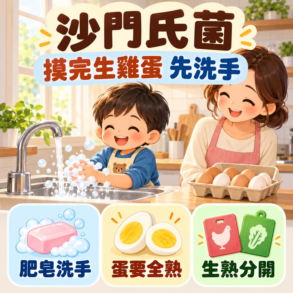 沙門氏菌：摸完生雞蛋，先洗手。三個預防重點——肥皂洗手、蛋要全熟、生熟分開。許永政醫師（晴朗親子診所院長）整理。