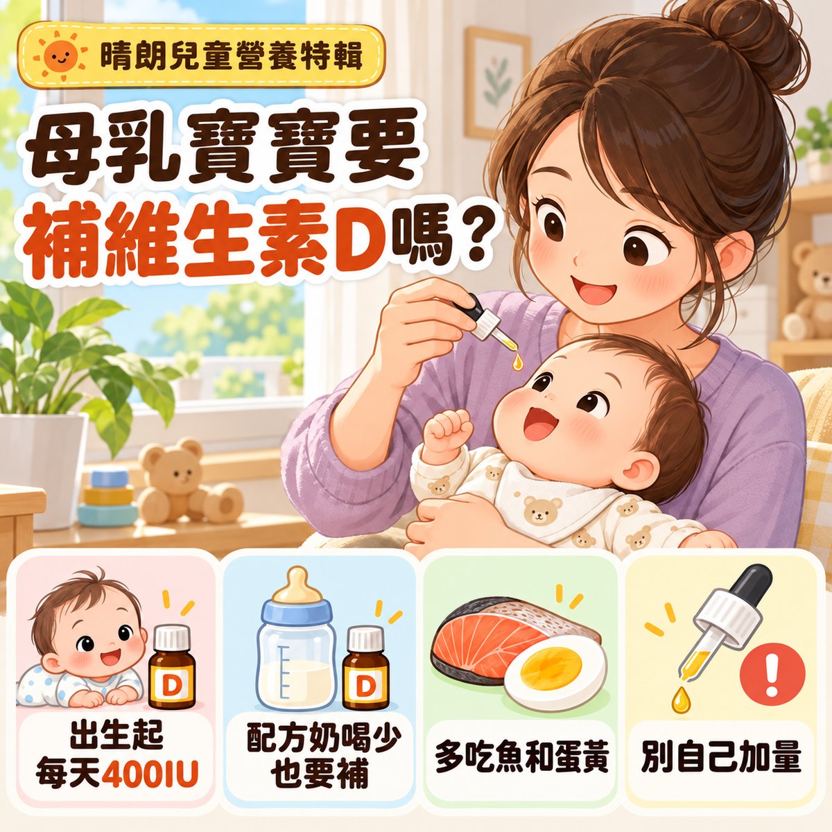 晴朗兒童營養特輯：母乳寶寶要補維生素 D 嗎？出生起每天400IU、配方奶喝少也要補、多吃魚和蛋黃、別自己加量。許永政醫師（晴朗親子診所院長）整理。