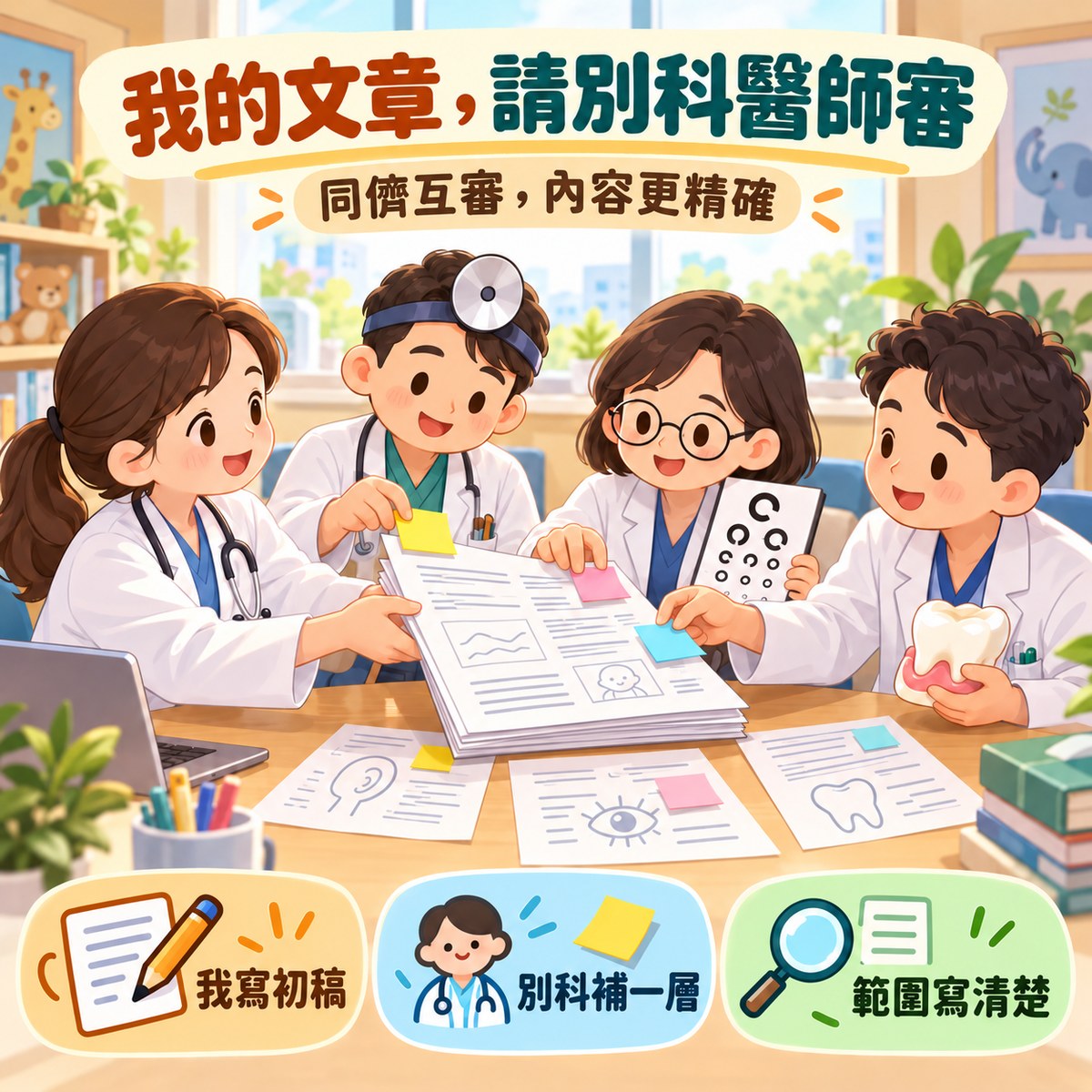 小兒科醫師把自己寫的衛教文章交給耳鼻喉科、眼科、牙科等其他專科醫師審閱:我寫初稿、別科補一層、範圍寫清楚。許永政醫師(晴朗親子診所院長)。